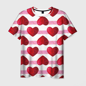 Мужская футболка 3D с принтом Сердечки и полоски   паттерн на день святого валентина в Петрозаводске, 100% полиэфир | прямой крой, круглый вырез горловины, длина до линии бедер | 