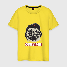 Мужская футболка хлопок с принтом Obey me pug в Белгороде, 100% хлопок | прямой крой, круглый вырез горловины, длина до линии бедер, слегка спущенное плечо. | 