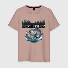 Мужская футболка хлопок с принтом Лучший рыбалов , 100% хлопок | прямой крой, круглый вырез горловины, длина до линии бедер, слегка спущенное плечо. | 