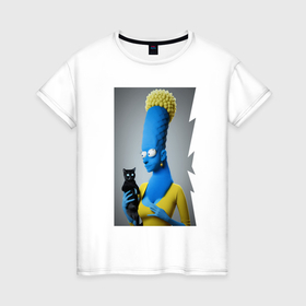 Женская футболка хлопок с принтом Marge  Simpson and black cat   нейросеть   fantasy в Кировске, 100% хлопок | прямой крой, круглый вырез горловины, длина до линии бедер, слегка спущенное плечо | 
