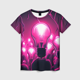 Женская футболка 3D с принтом Абстрактные идеи в виде лампочек у людей в неоновом свете в Санкт-Петербурге, 100% полиэфир ( синтетическое хлопкоподобное полотно) | прямой крой, круглый вырез горловины, длина до линии бедер | 