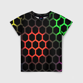 Детская футболка 3D с принтом Gradient hexagon genshin в Белгороде, 100% гипоаллергенный полиэфир | прямой крой, круглый вырез горловины, длина до линии бедер, чуть спущенное плечо, ткань немного тянется | 