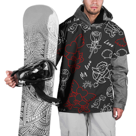 Накидка на куртку 3D с принтом Летающие сердца купидоны розы на черном фоне в Екатеринбурге, 100% полиэстер |  | 