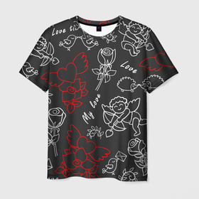 Мужская футболка 3D с принтом Летающие сердца купидоны розы на черном фоне в Санкт-Петербурге, 100% полиэфир | прямой крой, круглый вырез горловины, длина до линии бедер | 