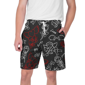 Мужские шорты 3D с принтом Летающие сердца купидоны розы на черном фоне в Екатеринбурге,  полиэстер 100% | прямой крой, два кармана без застежек по бокам. Мягкая трикотажная резинка на поясе, внутри которой широкие завязки. Длина чуть выше колен | 