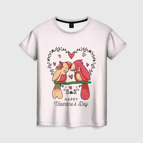 Женская футболка 3D с принтом Влюбленные птички на день святого валентина в Тюмени, 100% полиэфир ( синтетическое хлопкоподобное полотно) | прямой крой, круглый вырез горловины, длина до линии бедер | 