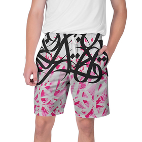 Мужские шорты 3D с принтом Черно розовая каллиграфия в Белгороде,  полиэстер 100% | прямой крой, два кармана без застежек по бокам. Мягкая трикотажная резинка на поясе, внутри которой широкие завязки. Длина чуть выше колен | 