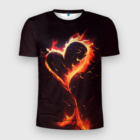 Мужская футболка 3D Slim с принтом Арт нейросети пламенное сердце в Кировске, 100% полиэстер с улучшенными характеристиками | приталенный силуэт, круглая горловина, широкие плечи, сужается к линии бедра | 