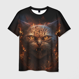 Мужская футболка 3D с принтом Огненный кот в Белгороде, 100% полиэфир | прямой крой, круглый вырез горловины, длина до линии бедер | 