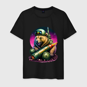 Мужская футболка хлопок с принтом Боевой медведь ракетчик в Рязани, 100% хлопок | прямой крой, круглый вырез горловины, длина до линии бедер, слегка спущенное плечо. | 