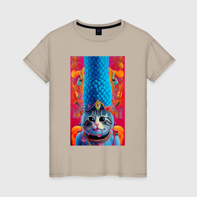 Женская футболка хлопок с принтом Кошка по имени Мардж   нейросеть   art в Екатеринбурге, 100% хлопок | прямой крой, круглый вырез горловины, длина до линии бедер, слегка спущенное плечо | 