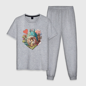 Мужская пижама хлопок с принтом Арт сердце в стиле Студии Гибли , 100% хлопок | брюки и футболка прямого кроя, без карманов, на брюках мягкая резинка на поясе и по низу штанин
 | 