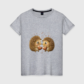 Женская футболка хлопок с принтом Два влюбленных ежика в Екатеринбурге, 100% хлопок | прямой крой, круглый вырез горловины, длина до линии бедер, слегка спущенное плечо | 