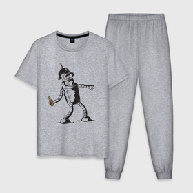 Мужская пижама хлопок с принтом Бендер граффити в Екатеринбурге, 100% хлопок | брюки и футболка прямого кроя, без карманов, на брюках мягкая резинка на поясе и по низу штанин
 | 