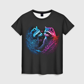 Женская футболка 3D с принтом Влюбленные еноты в Екатеринбурге, 100% полиэфир ( синтетическое хлопкоподобное полотно) | прямой крой, круглый вырез горловины, длина до линии бедер | 