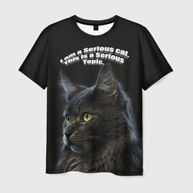 Мужская футболка 3D с принтом Серьезный кот на черном , 100% полиэфир | прямой крой, круглый вырез горловины, длина до линии бедер | Тематика изображения на принте: 