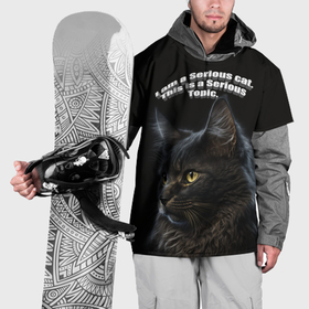 Накидка на куртку 3D с принтом Серьезный кот на черном , 100% полиэстер |  | Тематика изображения на принте: 