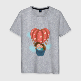 Мужская футболка хлопок с принтом Влюбленные на воздушном шаре в Белгороде, 100% хлопок | прямой крой, круглый вырез горловины, длина до линии бедер, слегка спущенное плечо. | Тематика изображения на принте: 