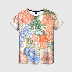 Женская футболка 3D с принтом Гигантские цветы и сухоцветы графика в Санкт-Петербурге, 100% полиэфир ( синтетическое хлопкоподобное полотно) | прямой крой, круглый вырез горловины, длина до линии бедер | 