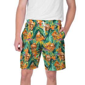 Мужские шорты 3D с принтом Африканские маски в джунглях в Курске,  полиэстер 100% | прямой крой, два кармана без застежек по бокам. Мягкая трикотажная резинка на поясе, внутри которой широкие завязки. Длина чуть выше колен | 