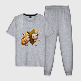 Мужская пижама хлопок с принтом Осенние котята в листьях в Тюмени, 100% хлопок | брюки и футболка прямого кроя, без карманов, на брюках мягкая резинка на поясе и по низу штанин
 | 