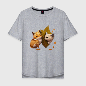 Мужская футболка хлопок Oversize с принтом Осенние котята в листьях в Белгороде, 100% хлопок | свободный крой, круглый ворот, “спинка” длиннее передней части | 