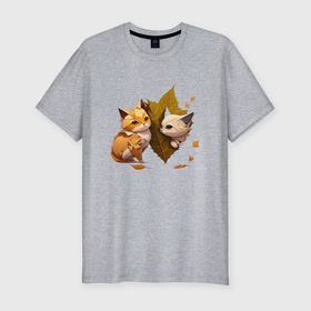 Мужская футболка хлопок Slim с принтом Осенние котята в листьях в Белгороде, 92% хлопок, 8% лайкра | приталенный силуэт, круглый вырез ворота, длина до линии бедра, короткий рукав | Тематика изображения на принте: 
