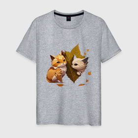 Мужская футболка хлопок с принтом Осенние котята в листьях в Белгороде, 100% хлопок | прямой крой, круглый вырез горловины, длина до линии бедер, слегка спущенное плечо. | 