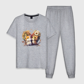 Мужская пижама хлопок с принтом Необычные аниме коты в цветах в Тюмени, 100% хлопок | брюки и футболка прямого кроя, без карманов, на брюках мягкая резинка на поясе и по низу штанин
 | 