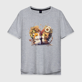 Мужская футболка хлопок Oversize с принтом Необычные аниме коты в цветах в Тюмени, 100% хлопок | свободный крой, круглый ворот, “спинка” длиннее передней части | Тематика изображения на принте: 