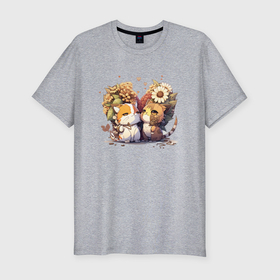 Мужская футболка хлопок Slim с принтом Необычные аниме коты в цветах в Тюмени, 92% хлопок, 8% лайкра | приталенный силуэт, круглый вырез ворота, длина до линии бедра, короткий рукав | Тематика изображения на принте: 