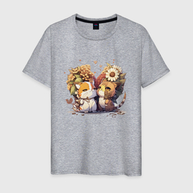 Мужская футболка хлопок с принтом Необычные аниме коты в цветах в Тюмени, 100% хлопок | прямой крой, круглый вырез горловины, длина до линии бедер, слегка спущенное плечо. | 