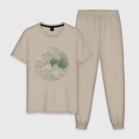 Мужская пижама хлопок с принтом Тоторо серфит на большой волне в канагаве   зеленый в Курске, 100% хлопок | брюки и футболка прямого кроя, без карманов, на брюках мягкая резинка на поясе и по низу штанин
 | 