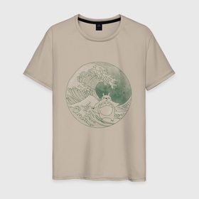 Мужская футболка хлопок с принтом Тоторо серфит на большой волне в канагаве   зеленый в Курске, 100% хлопок | прямой крой, круглый вырез горловины, длина до линии бедер, слегка спущенное плечо. | 