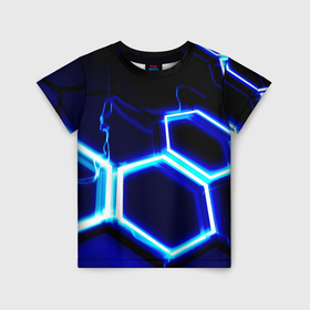 Детская футболка 3D с принтом Neon abstraction plates storm в Белгороде, 100% гипоаллергенный полиэфир | прямой крой, круглый вырез горловины, длина до линии бедер, чуть спущенное плечо, ткань немного тянется | 