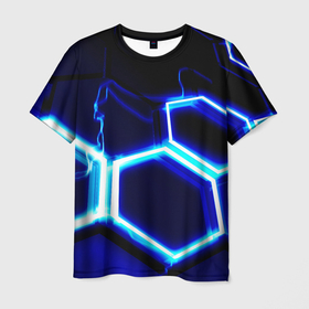 Мужская футболка 3D с принтом Neon abstraction plates storm в Екатеринбурге, 100% полиэфир | прямой крой, круглый вырез горловины, длина до линии бедер | 