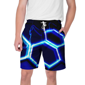 Мужские шорты 3D с принтом Neon abstraction plates storm ,  полиэстер 100% | прямой крой, два кармана без застежек по бокам. Мягкая трикотажная резинка на поясе, внутри которой широкие завязки. Длина чуть выше колен | Тематика изображения на принте: 