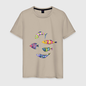 Мужская футболка хлопок с принтом Пять полосатых рыбок в Екатеринбурге, 100% хлопок | прямой крой, круглый вырез горловины, длина до линии бедер, слегка спущенное плечо. | 