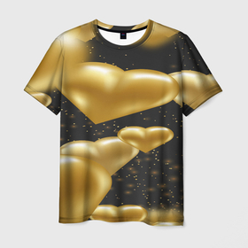 Мужская футболка 3D с принтом Золотые сердца на день святого валентина фон в Санкт-Петербурге, 100% полиэфир | прямой крой, круглый вырез горловины, длина до линии бедер | 