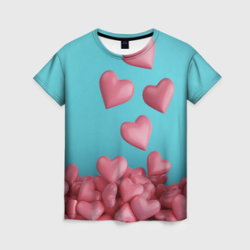 Женская футболка 3D с принтом Россыпь сердец на день святого валентина в Тюмени, 100% полиэфир ( синтетическое хлопкоподобное полотно) | прямой крой, круглый вырез горловины, длина до линии бедер | 