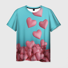 Мужская футболка 3D с принтом Россыпь сердец на день святого валентина в Петрозаводске, 100% полиэфир | прямой крой, круглый вырез горловины, длина до линии бедер | 