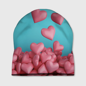 Шапка 3D с принтом Россыпь сердец на день святого валентина , 100% полиэстер | универсальный размер, печать по всей поверхности изделия | 