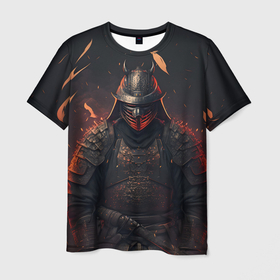 Мужская футболка 3D с принтом Самурай в огне неон в Санкт-Петербурге, 100% полиэфир | прямой крой, круглый вырез горловины, длина до линии бедер | Тематика изображения на принте: 