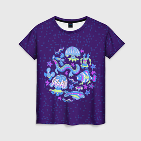 Женская футболка 3D с принтом Морские существа на темно лиловом фоне , 100% полиэфир ( синтетическое хлопкоподобное полотно) | прямой крой, круглый вырез горловины, длина до линии бедер | 