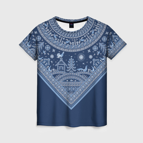 Женская футболка 3D с принтом Угловой орнамент в стиле мезенской росписи в Кировске, 100% полиэфир ( синтетическое хлопкоподобное полотно) | прямой крой, круглый вырез горловины, длина до линии бедер | 