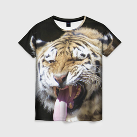 Женская футболка 3D с принтом Тигр показывает язык в Кировске, 100% полиэфир ( синтетическое хлопкоподобное полотно) | прямой крой, круглый вырез горловины, длина до линии бедер | 