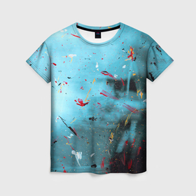 Женская футболка 3D с принтом Синий и голубой абстрактный туман и краски в Петрозаводске, 100% полиэфир ( синтетическое хлопкоподобное полотно) | прямой крой, круглый вырез горловины, длина до линии бедер | Тематика изображения на принте: 