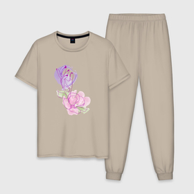Мужская пижама хлопок с принтом Абстрактная рука и цветок в Санкт-Петербурге, 100% хлопок | брюки и футболка прямого кроя, без карманов, на брюках мягкая резинка на поясе и по низу штанин
 | 