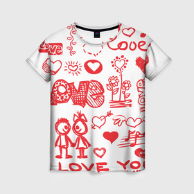 Женская футболка 3D с принтом I love you   red doodle art в Кировске, 100% полиэфир ( синтетическое хлопкоподобное полотно) | прямой крой, круглый вырез горловины, длина до линии бедер | 