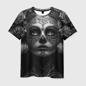 Мужская футболка 3D с принтом Девушка с макияжем для дня мертвых , 100% полиэфир | прямой крой, круглый вырез горловины, длина до линии бедер | Тематика изображения на принте: 